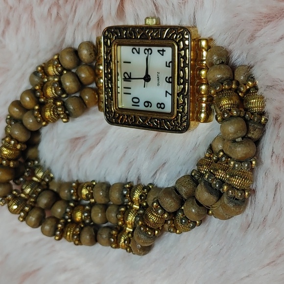 Vintage Gold Tone Quartz Square Face Watch with Wooden Beads - Picture 2 of 7